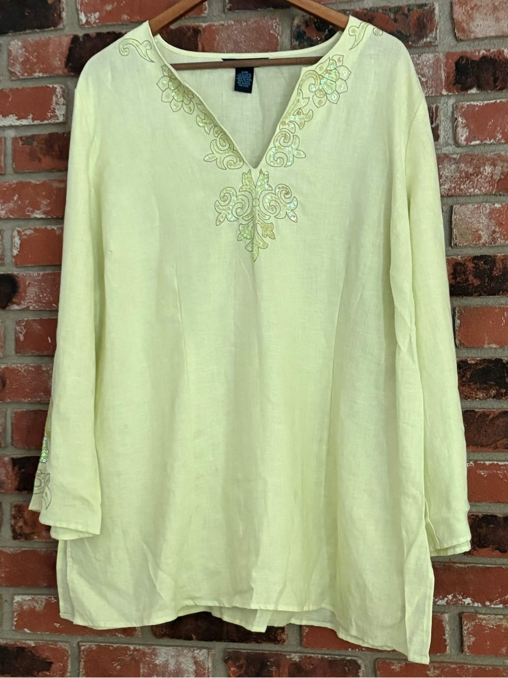 ST Tropez West 100% Linen Lagenlook Sequin Collar Long Sleeve Tunic Lime Sz 20